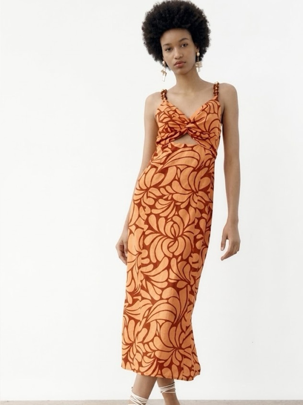 ZARA Orange Abstract Print Cut-Out Twist Midi Dress Retro Resort Size Small NWT